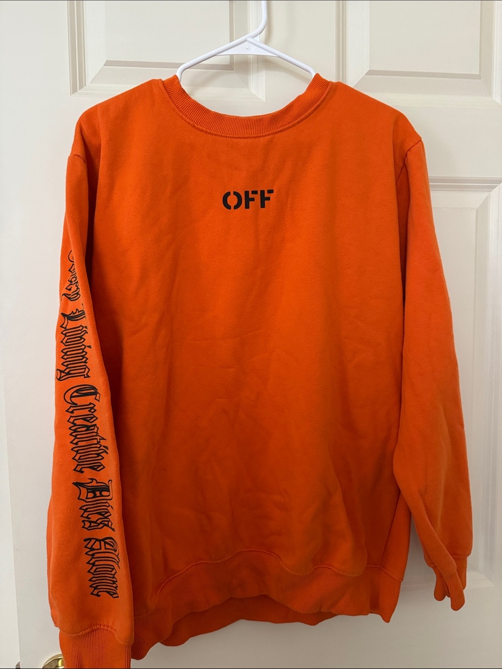 Off-White Orange Crewneck with Black Sleeve Script
